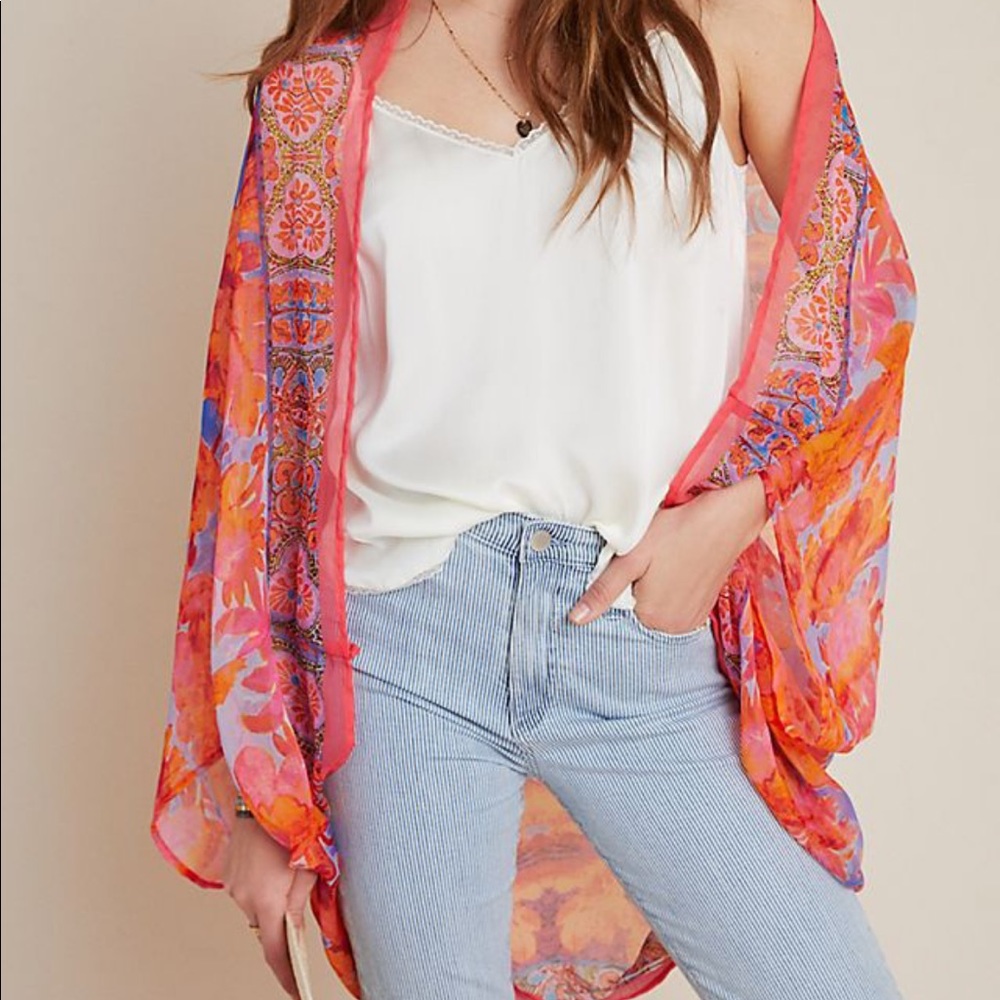 Anthropologie Pink & Orange Floral Sheer Kimono